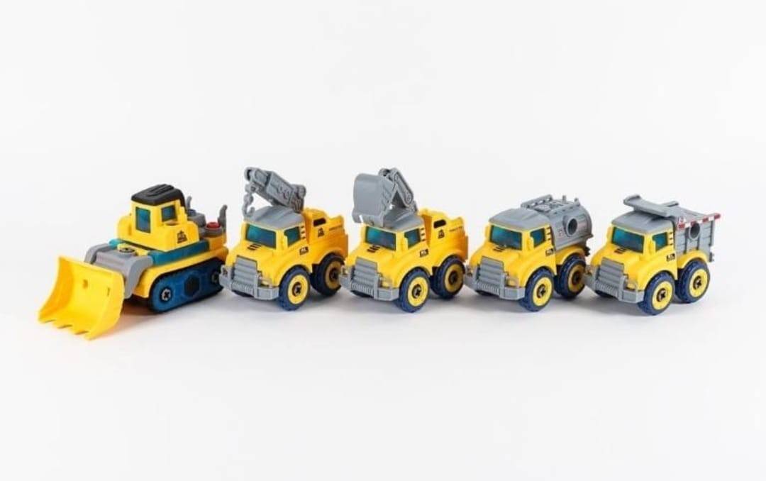 Set Robot, 5 in 1 masinute de constructie cu surubelnita, galben, 23 cm