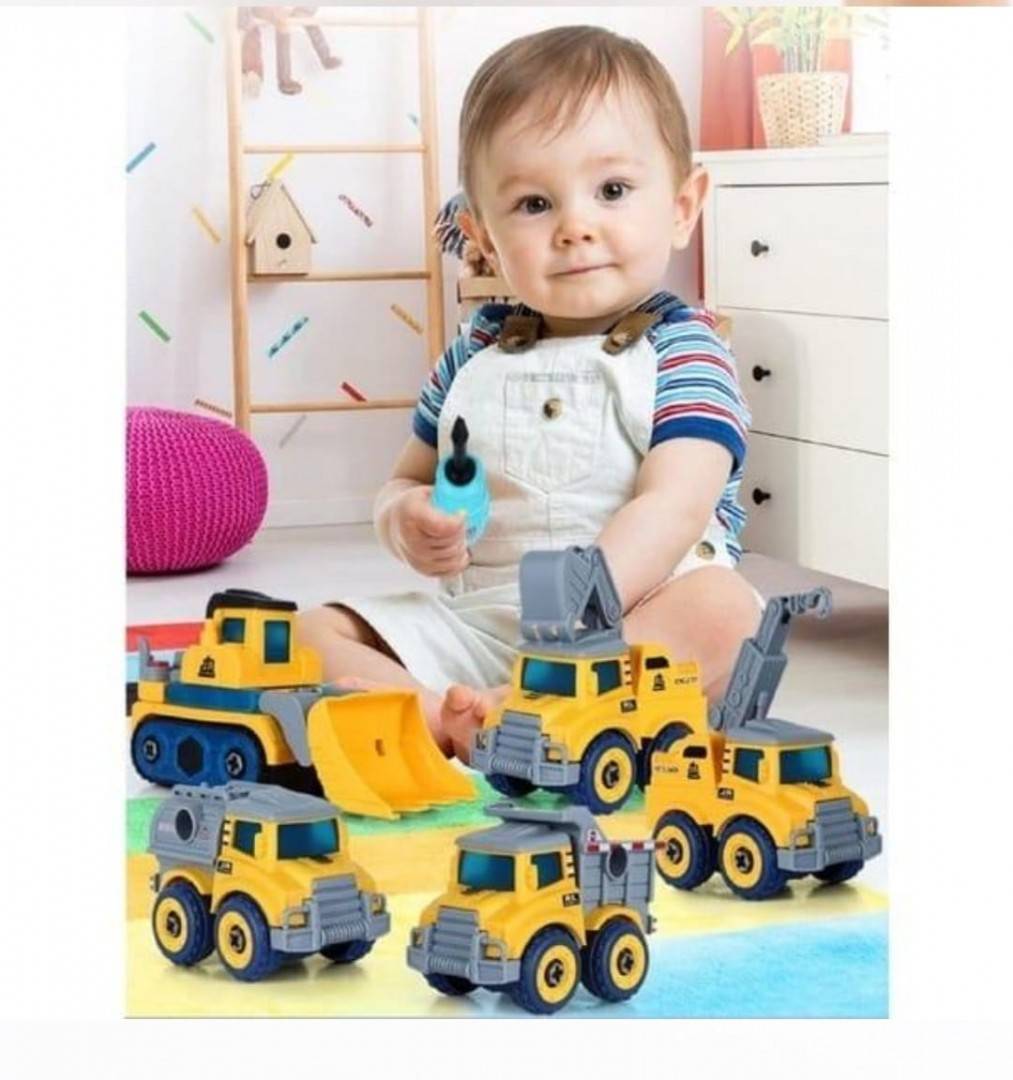 Set Robot, 5 in 1 masinute de constructie cu surubelnita, galben, 23 cm