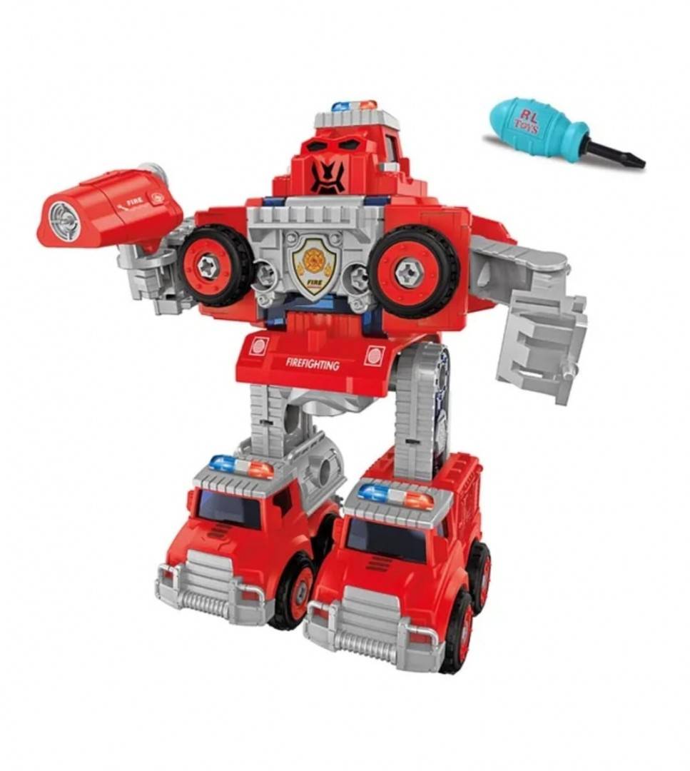 Set Robot, 5 in 1 masinute de pompieri cu surubelnita, rosu