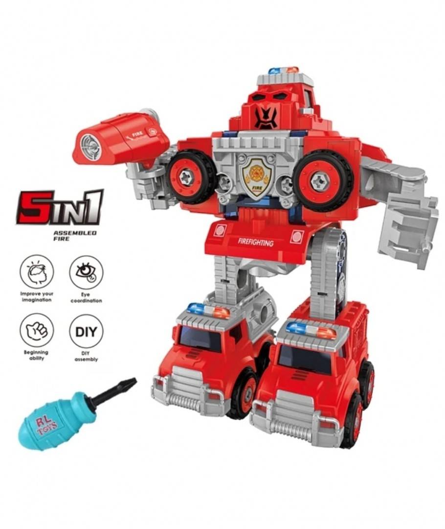 Set Robot, 5 in 1 masinute de pompieri cu surubelnita, rosu