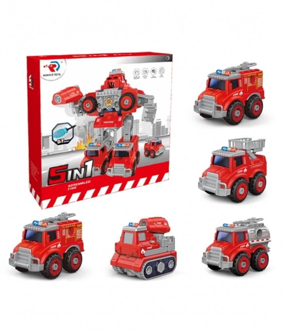 Set Robot, 5 in 1 masinute de pompieri cu surubelnita, rosu