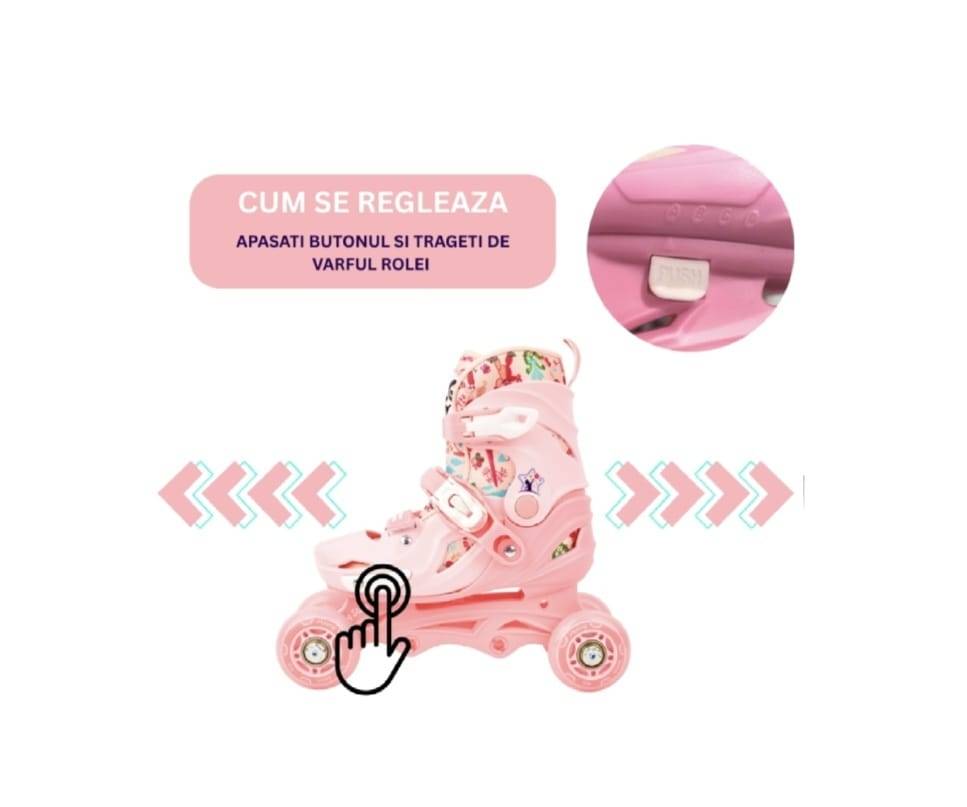 Set Role 2 in 1 copii, reglabile, model Panda, cu casca, cotiere si genunchiere, gentuta, roz, marimea 29 - 36