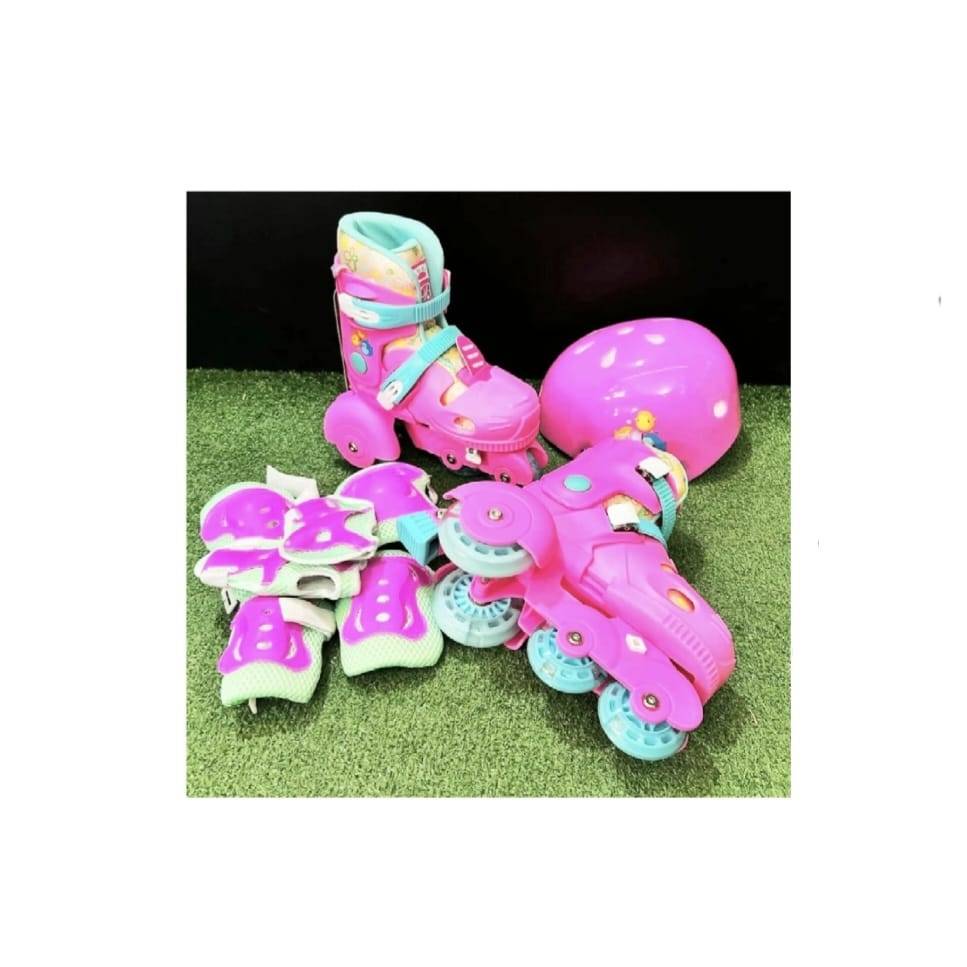 Set role copii, cu roti ajutatoare, reglabile, casca, accesorii, roz, 5 ani+, marimea 26 - 33