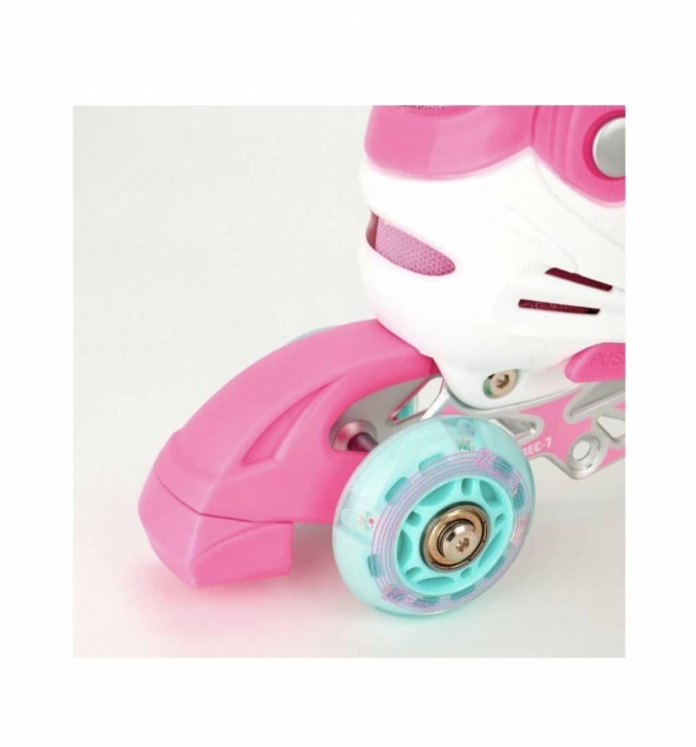 Set Role copii, reglabile, cu casca, cotiere si genunchiere, gentuta, roz, marimea 31 - 38