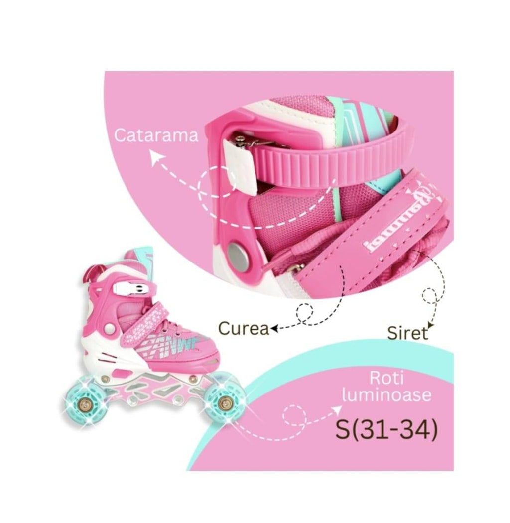 Set Role copii, reglabile, cu casca, cotiere si genunchiere, gentuta, roz, marimea 31 - 38