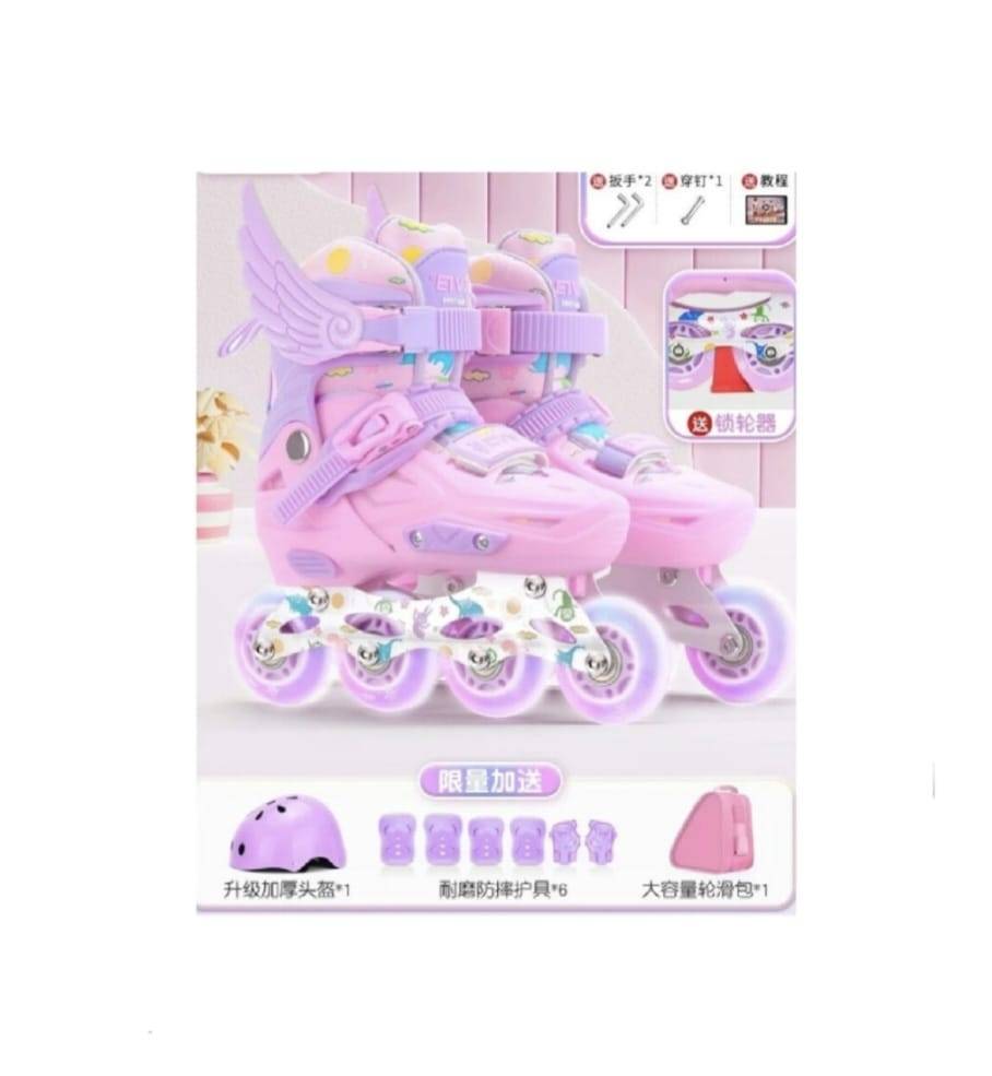 Set role reglabile pentru copii, model Angel, casca, cu echipament de protectie, roz, marimea 31-38
