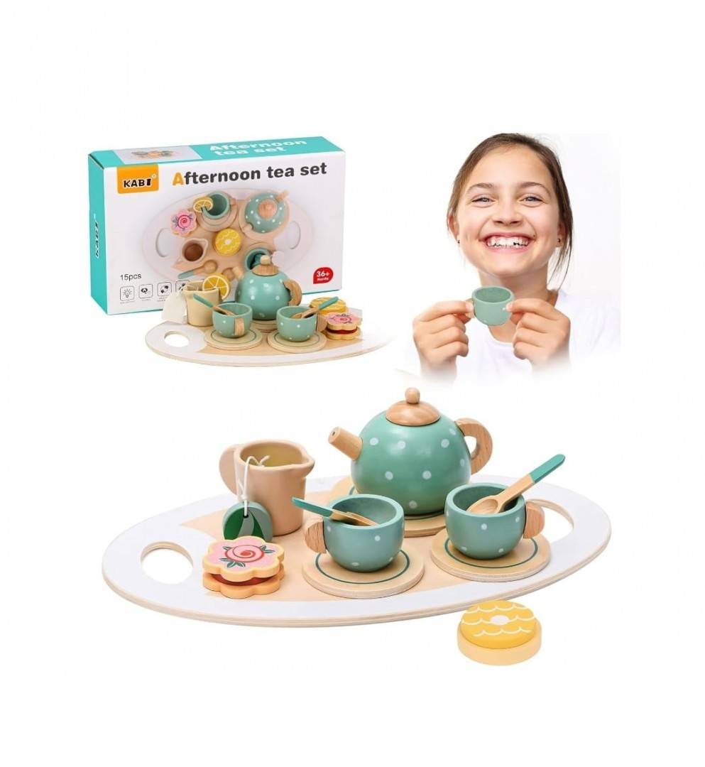 Set Servirea ceaiului din lemn, Afternoon Tea Set, 15 buc, multicolor