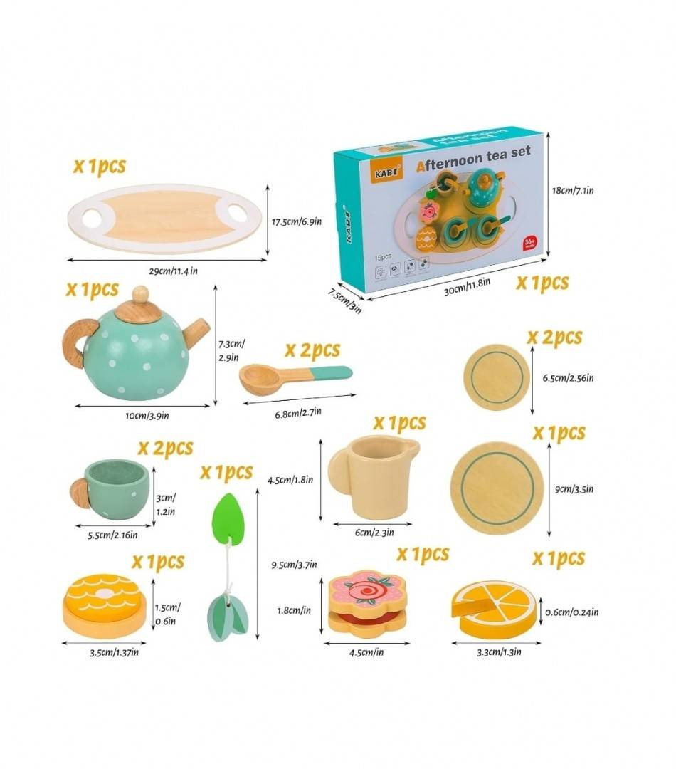 Set Servirea ceaiului din lemn, Afternoon Tea Set, 15 buc, multicolor