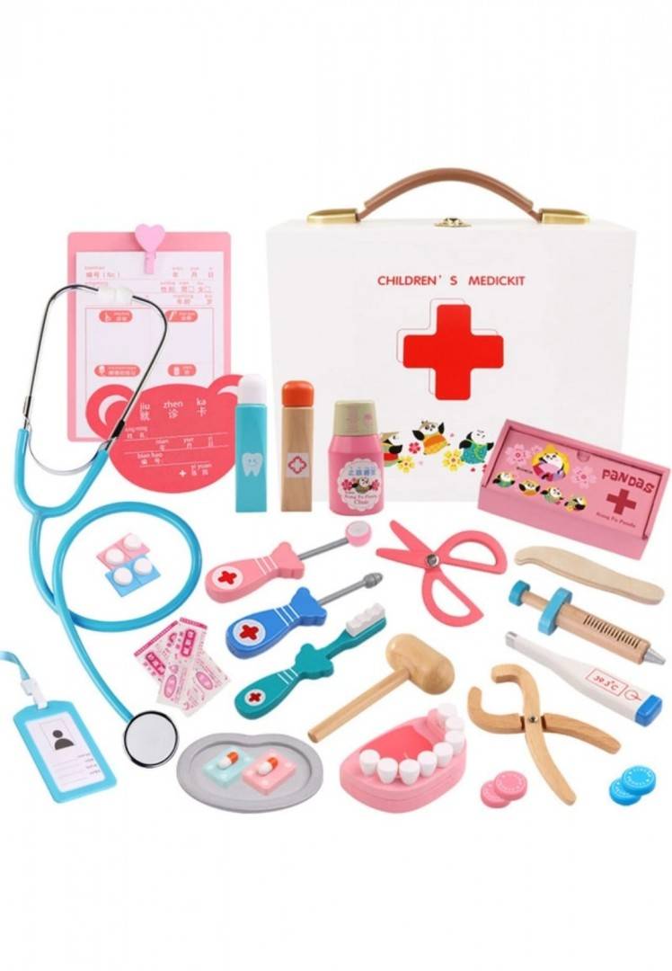 trusa doctor jucarie din lemn stomatolog cu servita,