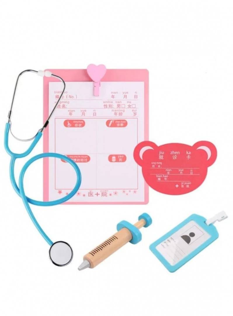 trusa doctor jucarie din lemn stomatolog cu servita,