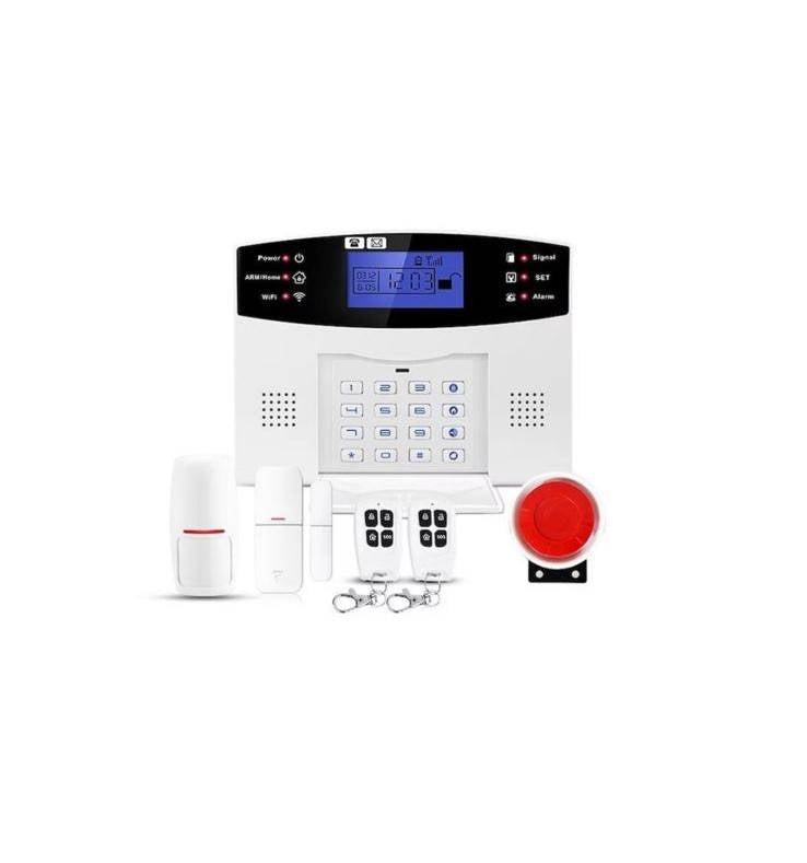 Sistem de alarma inteligent Kludoo® AQ5, cu ecran LCD, wireless, cu 2 senzori si 2 telecomenzi, alb