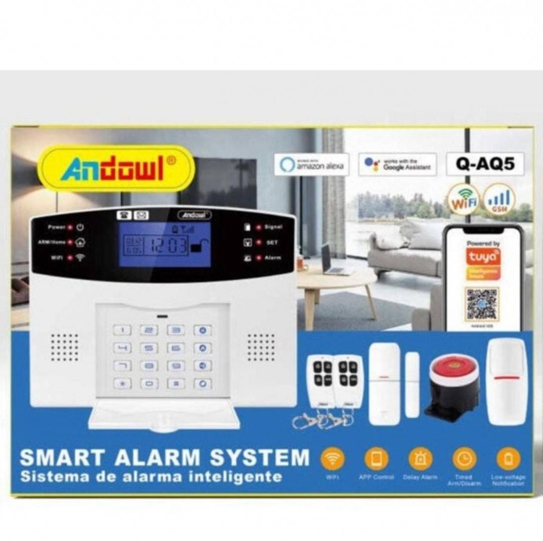 Sistem de alarma inteligent Kludoo® AQ5, cu ecran LCD, wireless, cu 2 senzori si 2 telecomenzi, alb