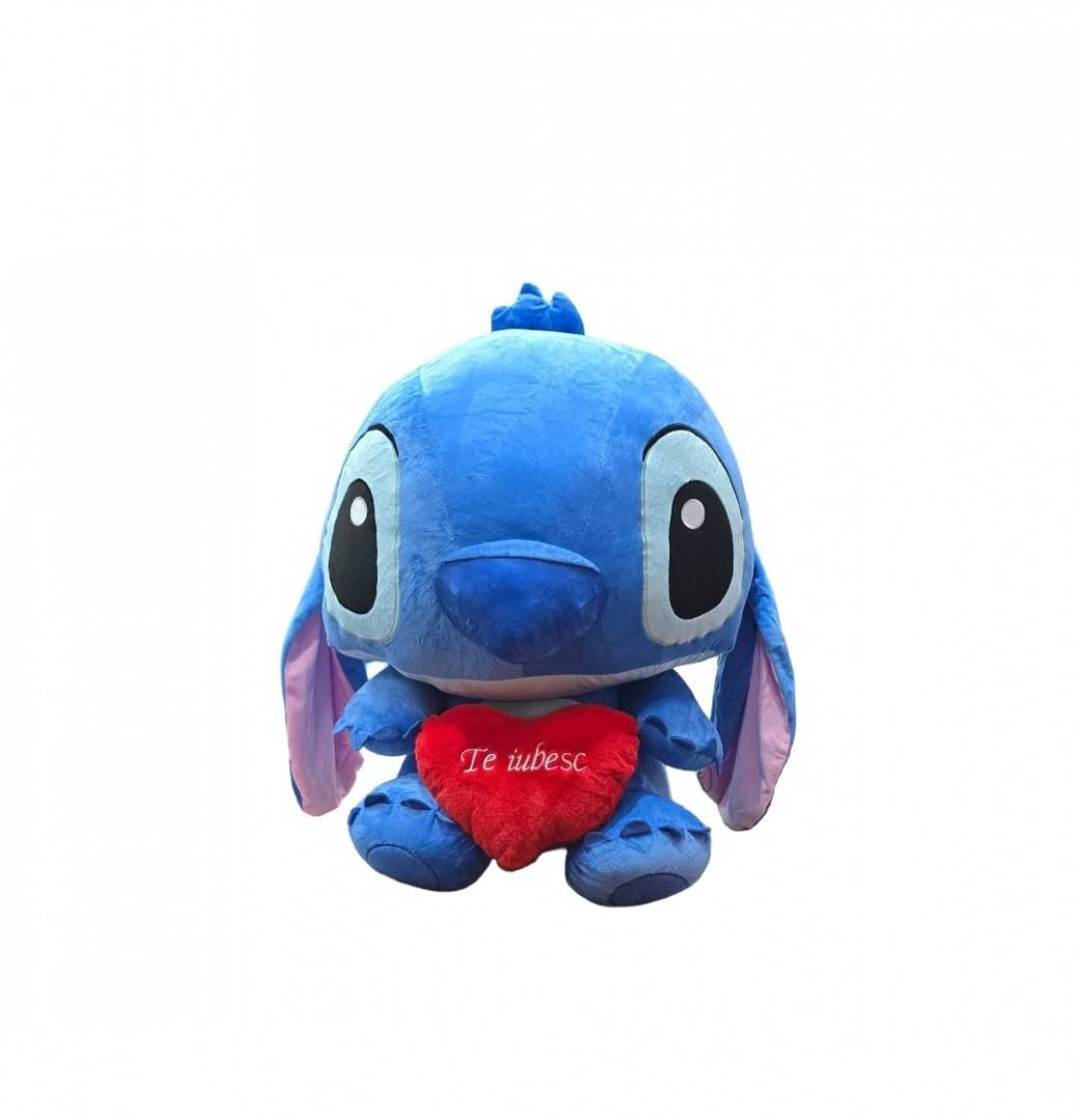 Stitch de pluș cu inimioara, mesaj Te iubesc, cadou romantic Valentine’s Day, albastru/rosu, 80 cm