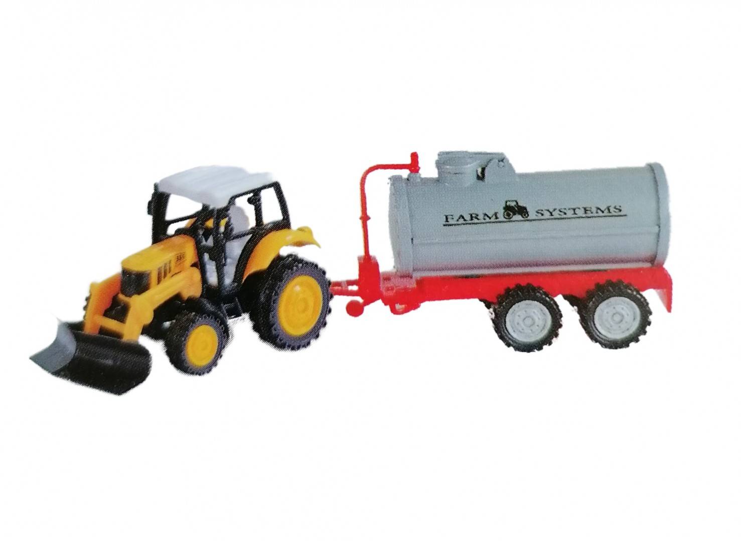 Tractor mecanic de jucarie, cu cisterna, metal/plastic, galben, 24 cm