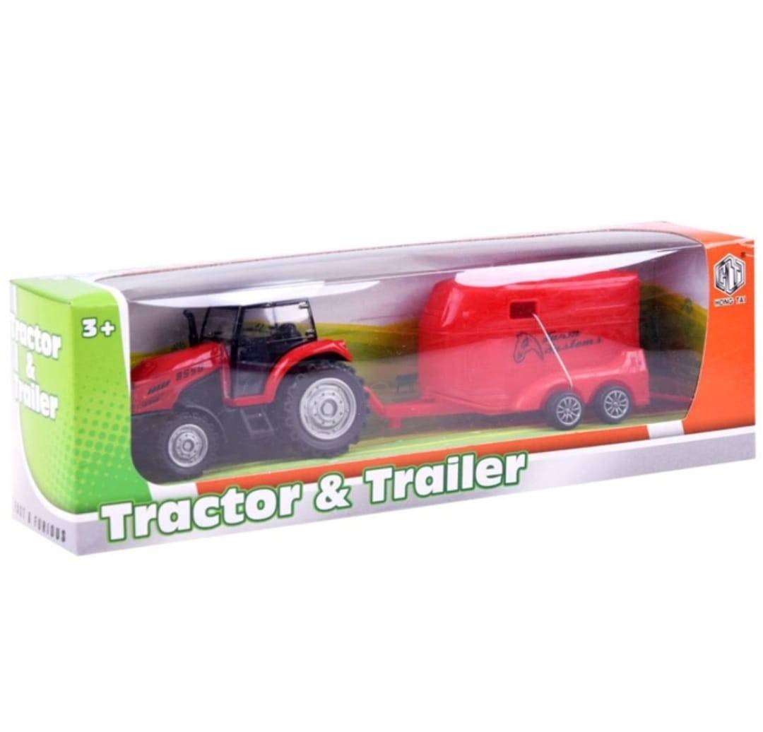 Tractor mecanic de jucarie, cu transportator de animale, metal/plastic, rosu, 24 cm