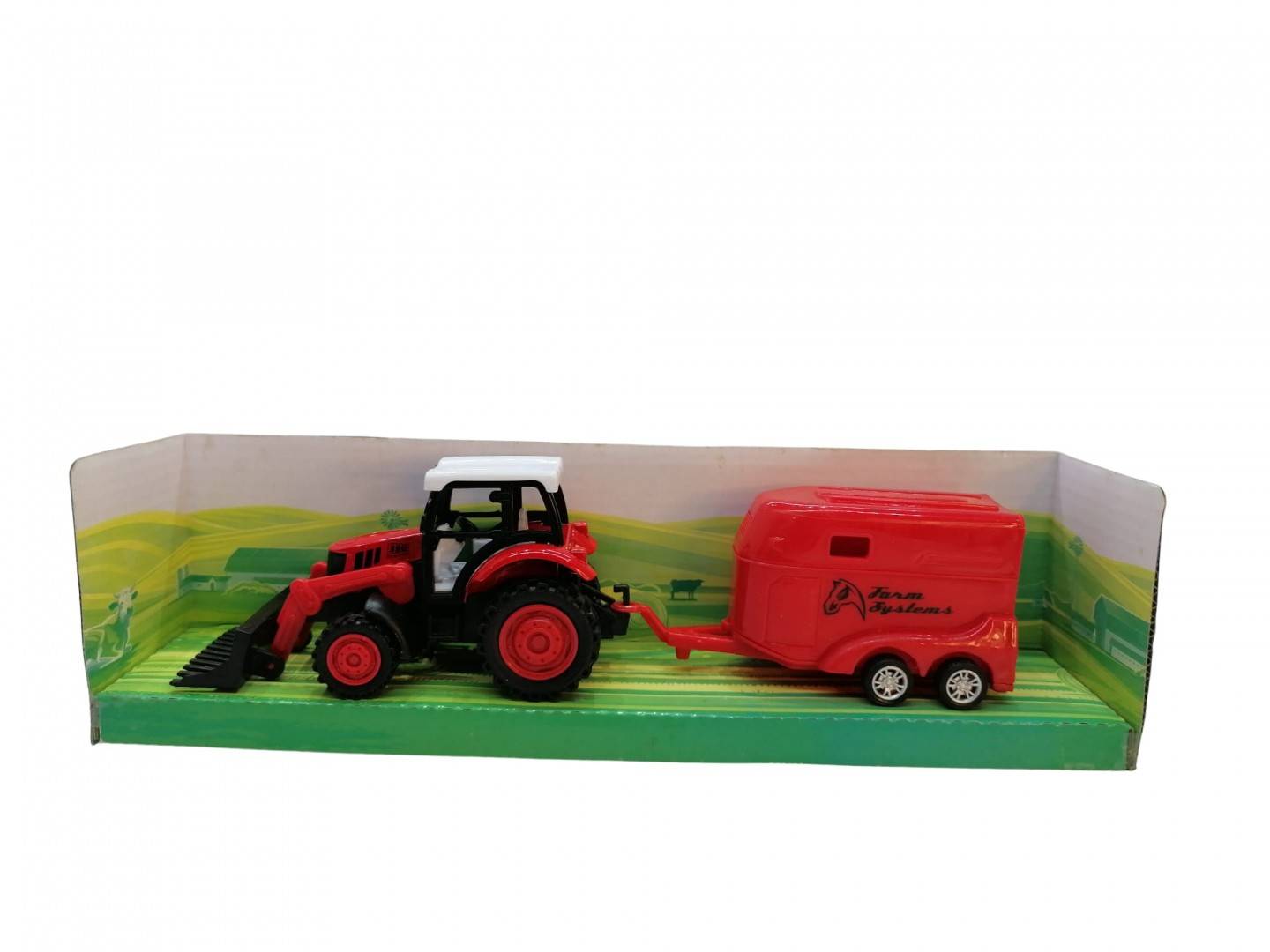 Tractor mecanic de jucarie, cu transportator de animale, metal/plastic, rosu, 24 cm