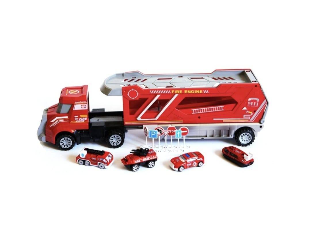 Transportor Pompieri, 4 mașini, 7 semne de circulatie, MASHASHOP, roșu, 42 cm