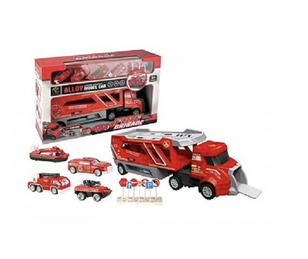 Transportor Pompieri, 4 mașini, 7 semne de circulatie, MASHASHOP, roșu, 42 cm