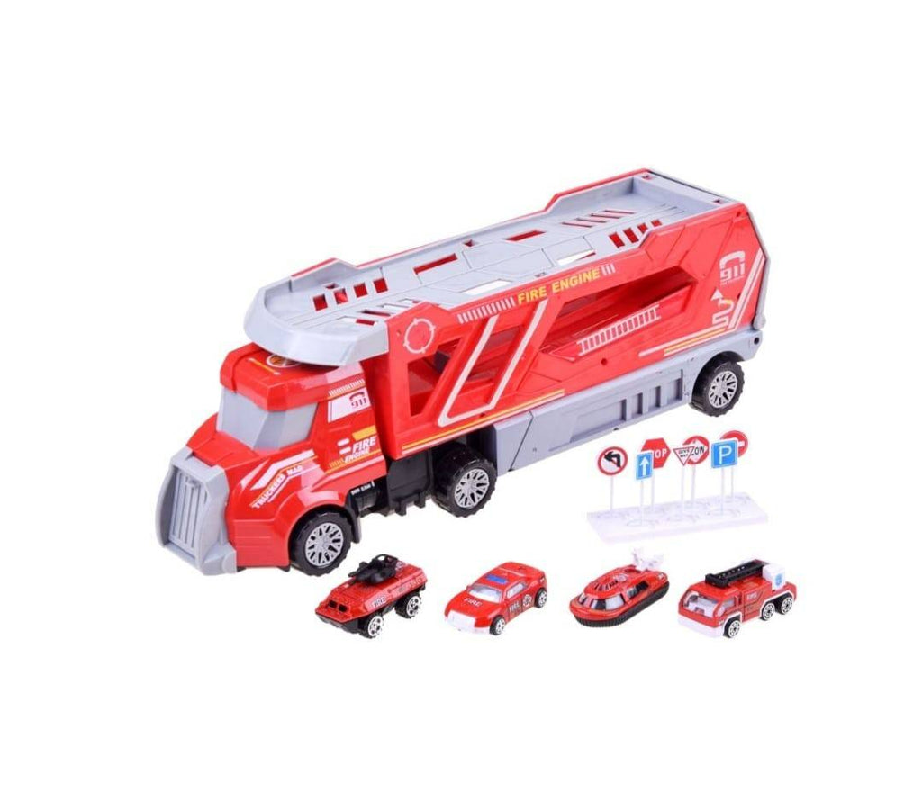 Transportor Pompieri, 4 mașini, 7 semne de circulatie, MASHASHOP, roșu, 42 cm