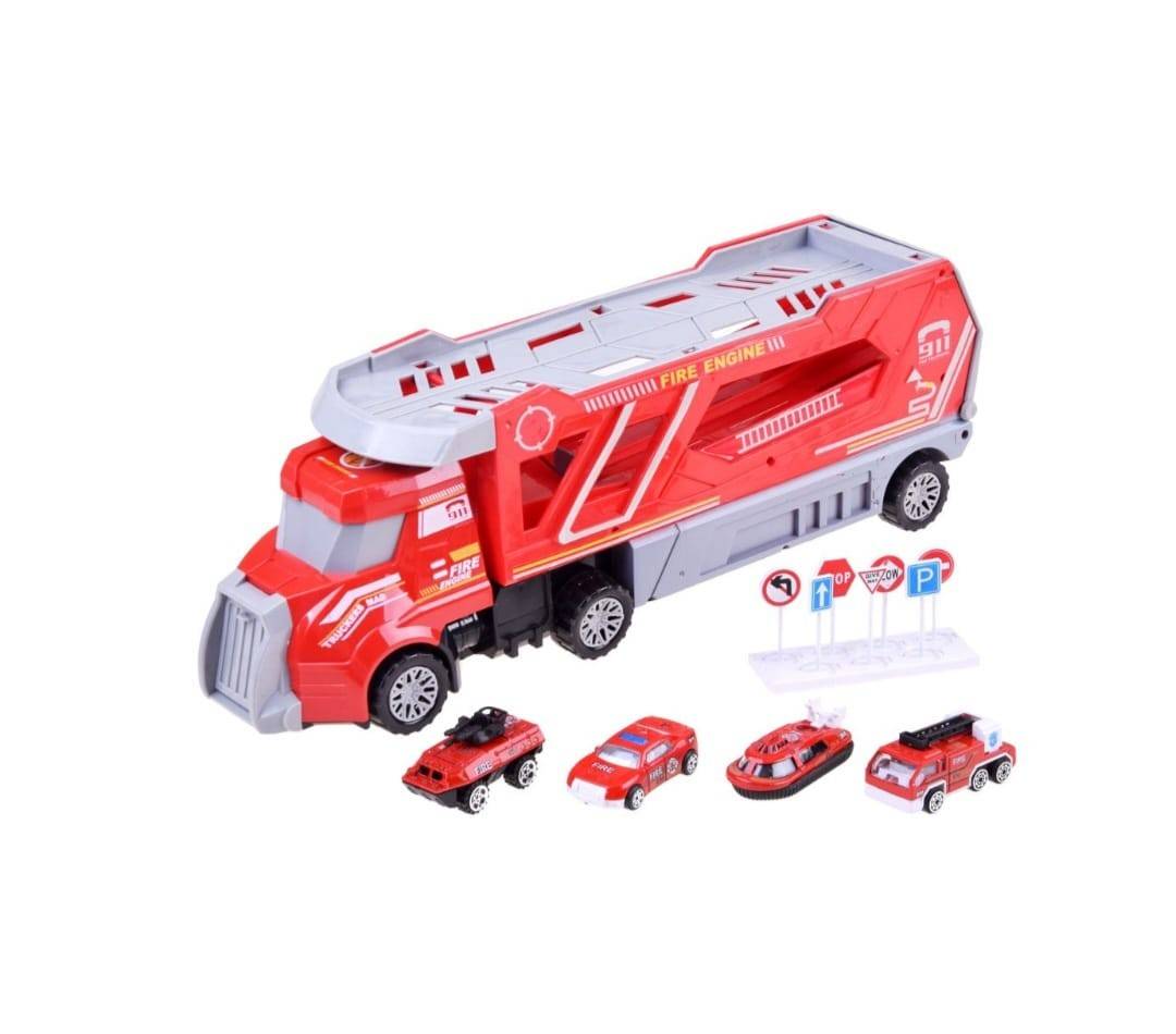 Transportor Pompieri, 4 mașini, 7 semne de circulatie, MASHASHOP, roșu, 42 cm