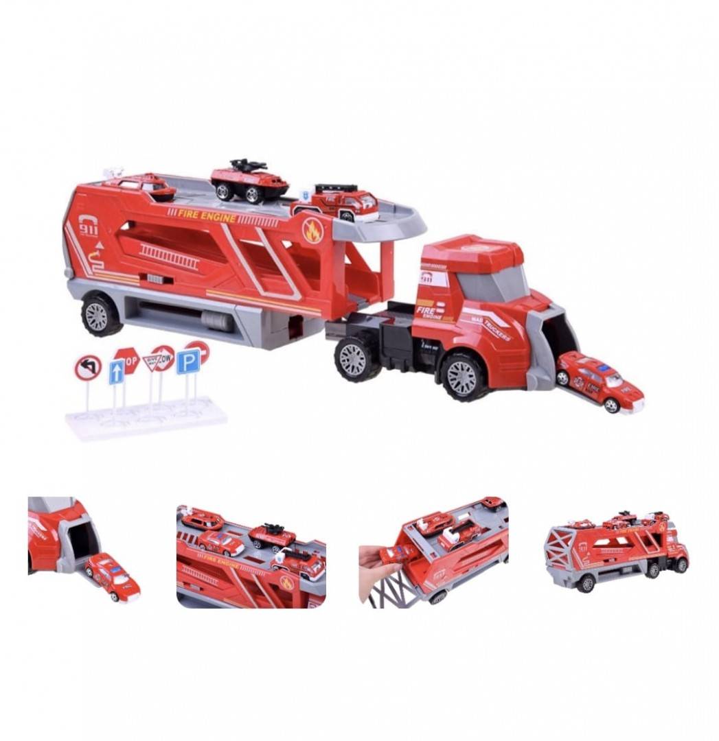 Transportor Pompieri, 4 mașini, 7 semne de circulatie, MASHASHOP, roșu, 42 cm
