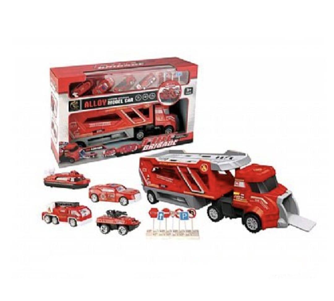 Transportor Pompieri, 4 mașini, 7 semne de circulatie, MASHASHOP, roșu, 42 cm