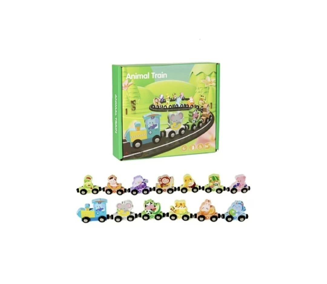 Trenulet cu prinderi magnetice, animale si fructe, 13 piese, lemn, multicolor