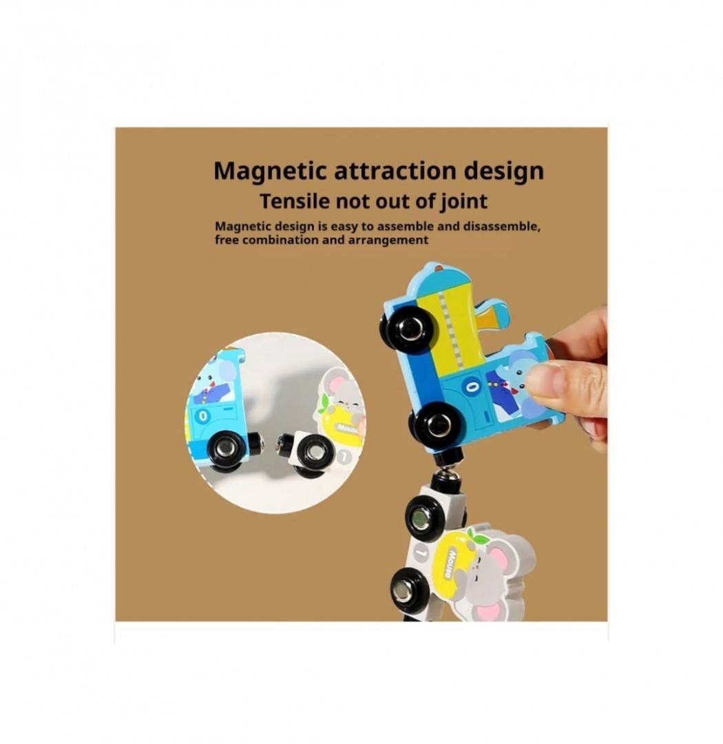 Trenulet cu prinderi magnetice, animale si fructe, 13 piese, lemn, multicolor