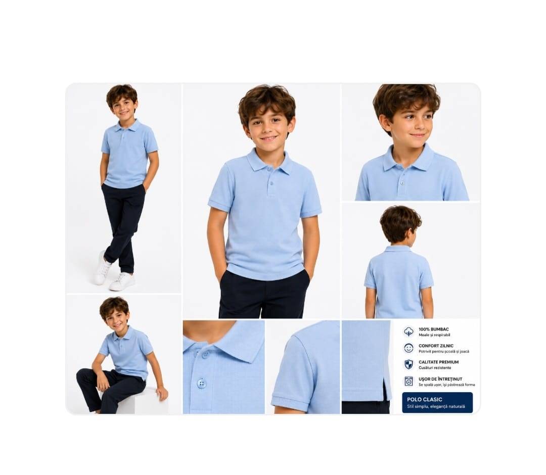 Tricou Polo Clasic pentru baieti, bumbac, bleu, 5 ani - 14 ani