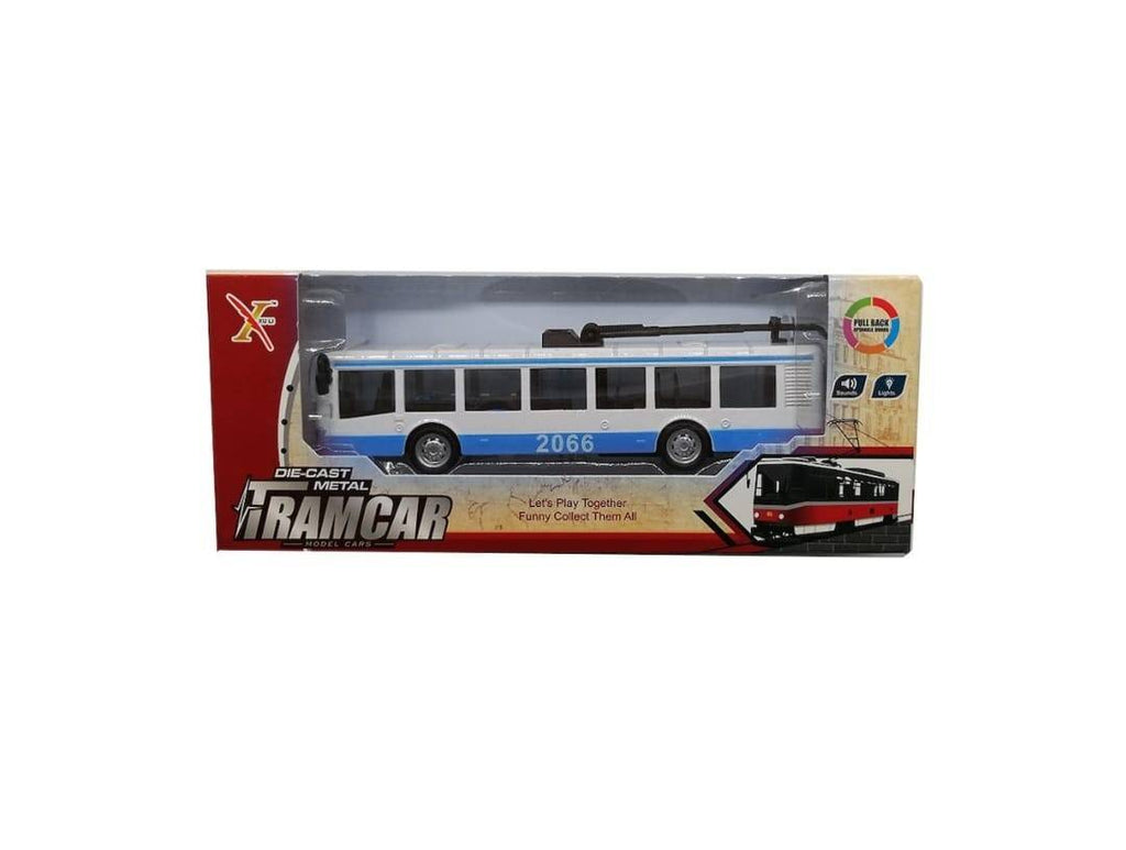 Trolebuz din metal, lumini si sunete, albastru/alb, 21,5 cm