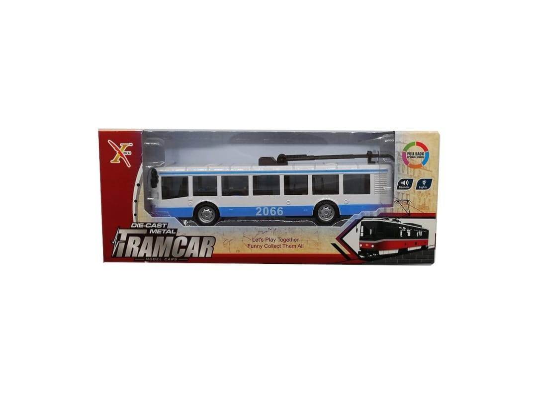 Trolebuz din metal, lumini si sunete, albastru/alb, 21,5 cm