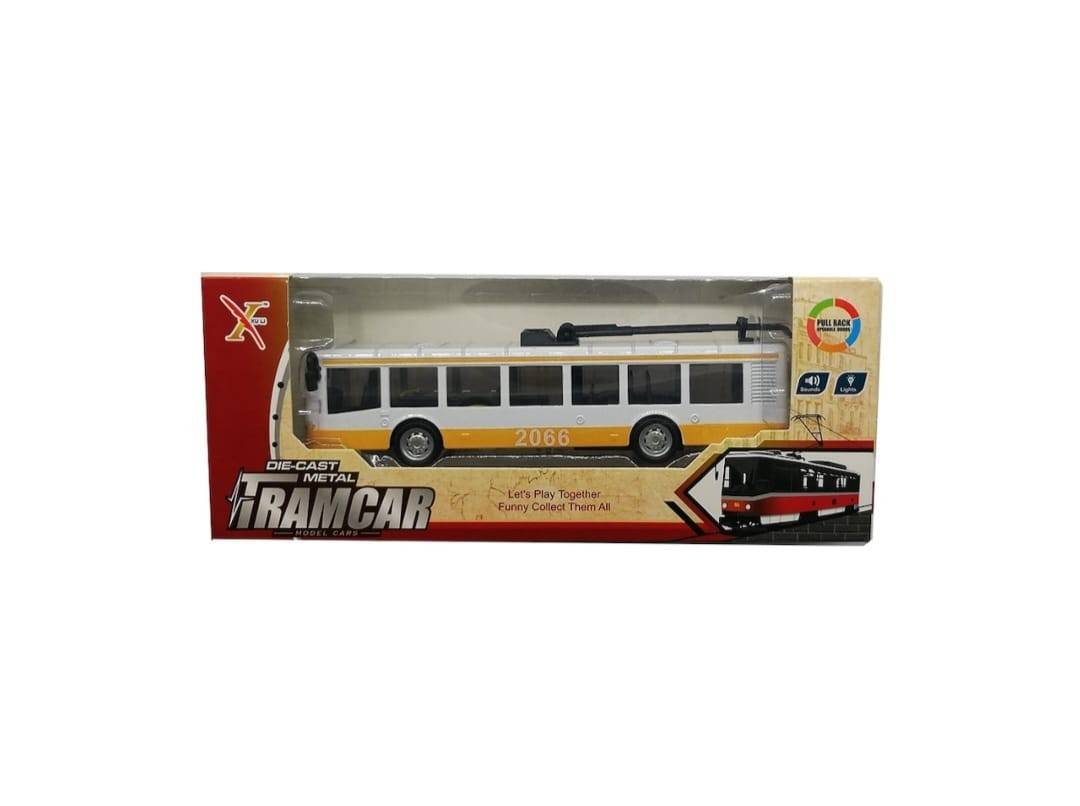 Trolebuz din metal, lumini si sunete, galben/alb, 21,5 cm