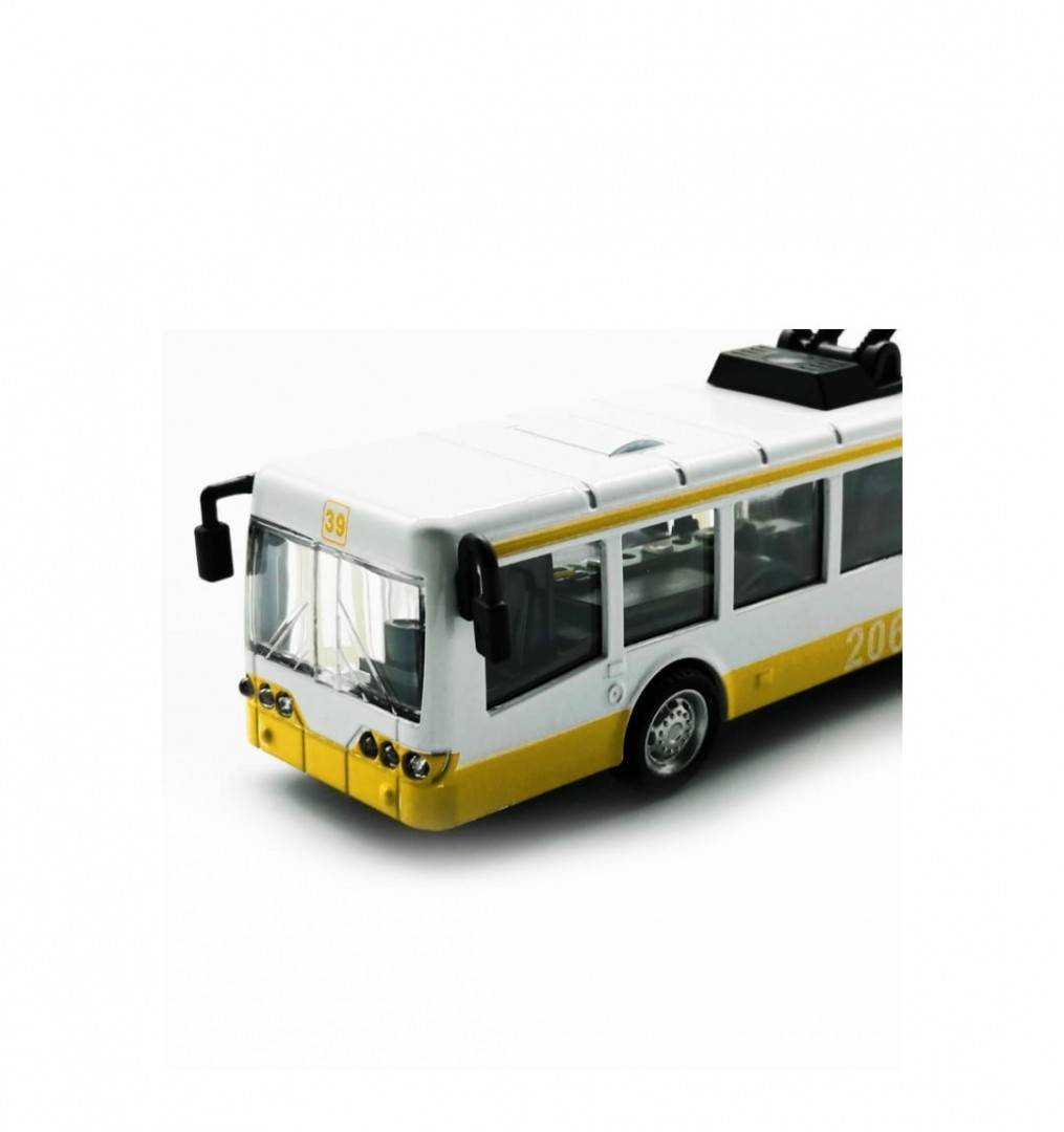 Trolebuz din metal, lumini si sunete, galben/alb, 21,5 cm