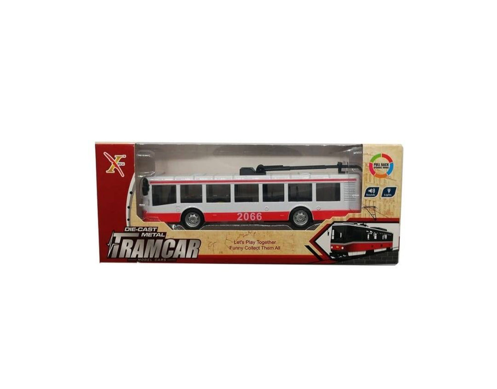 Trolebuz din metal, lumini si sunete, rosu/alb, 21,5 cm