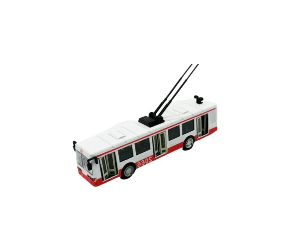Trolebuz din metal, lumini si sunete, rosu/alb, 21,5 cm