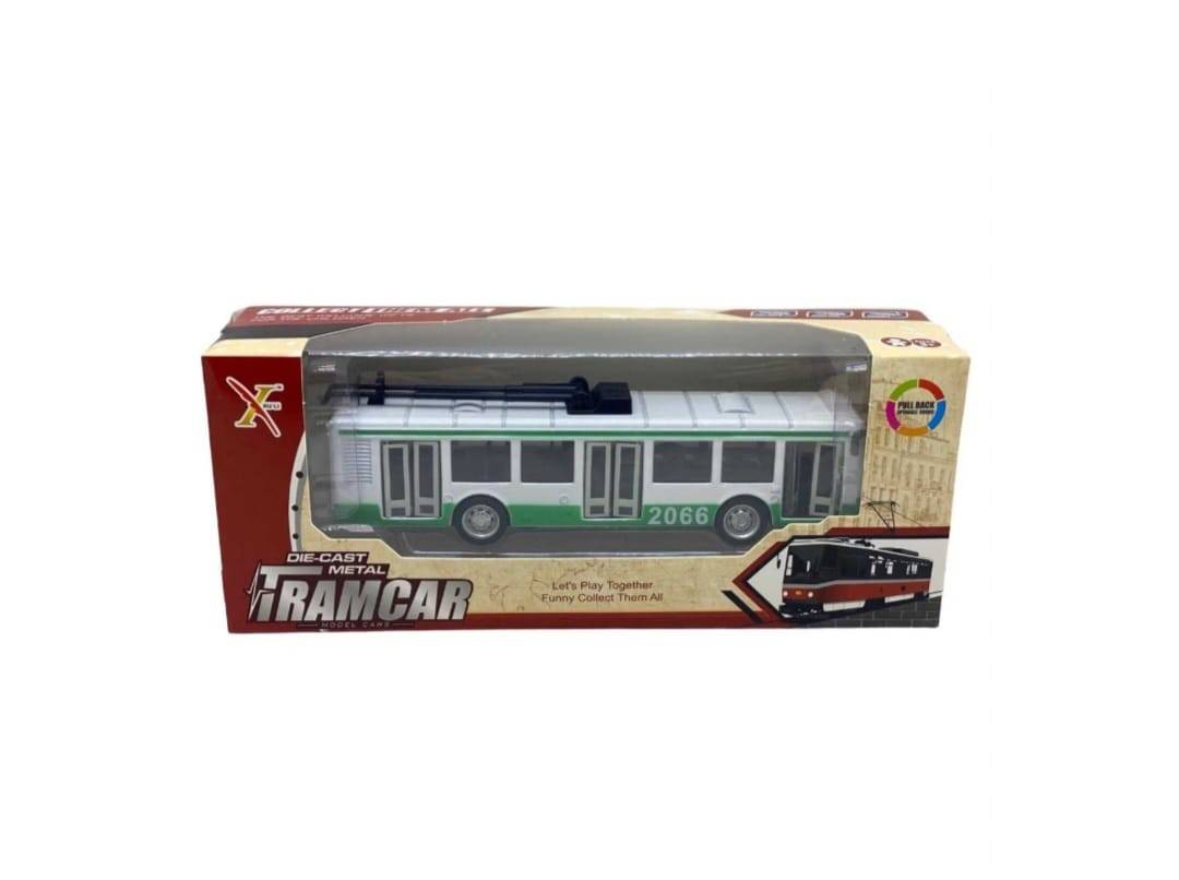 Trolebuz din metal, lumini si sunete, verde/alb, 21,5 cm