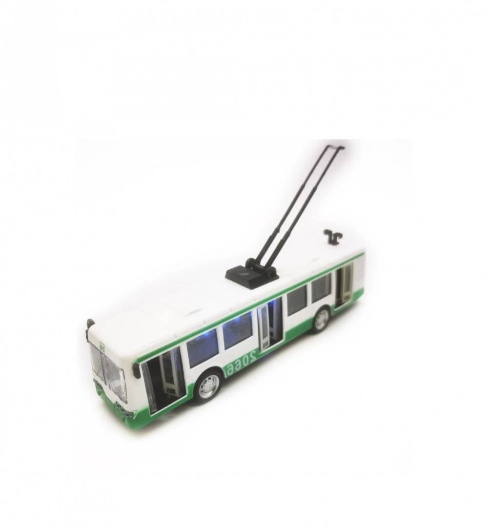 Trolebuz din metal, lumini si sunete, verde/alb, 21,5 cm