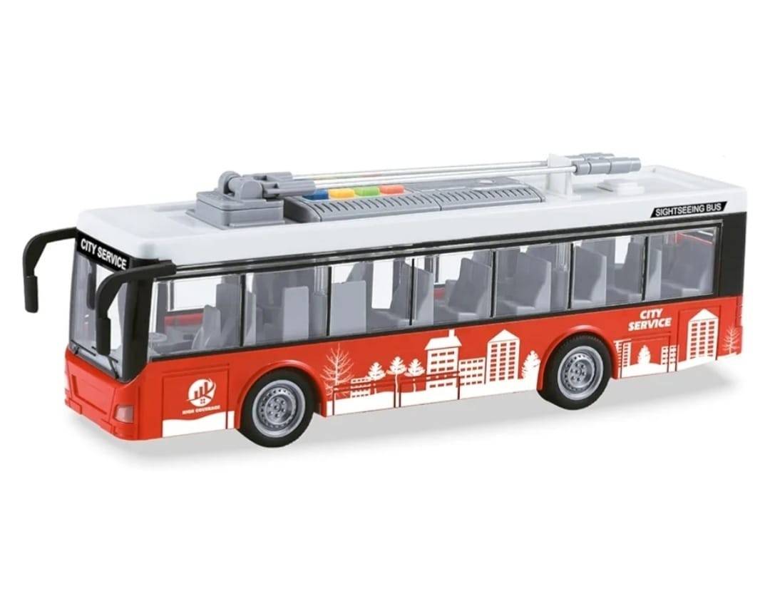 Troleibuz cu lumini si sunete, scara 1:16, rosu, 26 cm