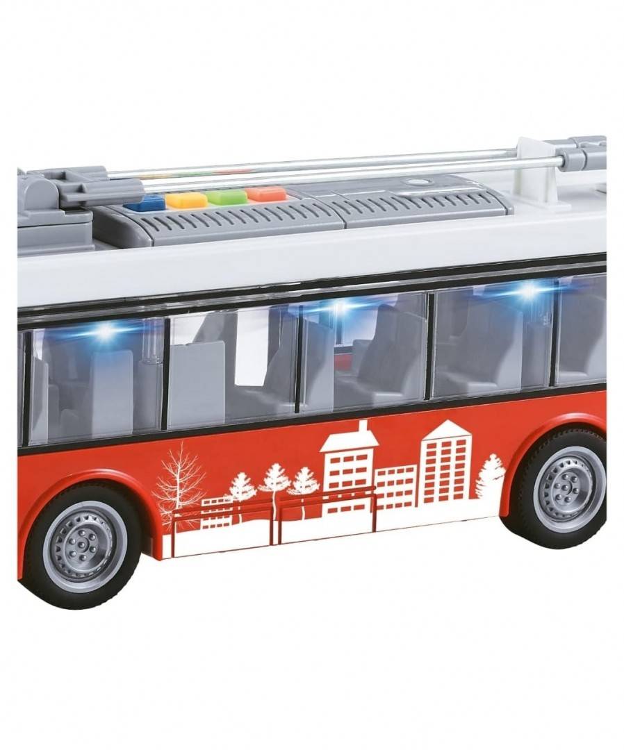 Troleibuz cu lumini si sunete, scara 1:16, rosu, 26 cm