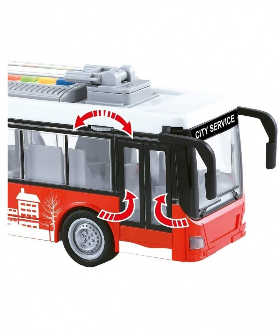 Troleibuz cu lumini si sunete, scara 1:16, rosu, 26 cm