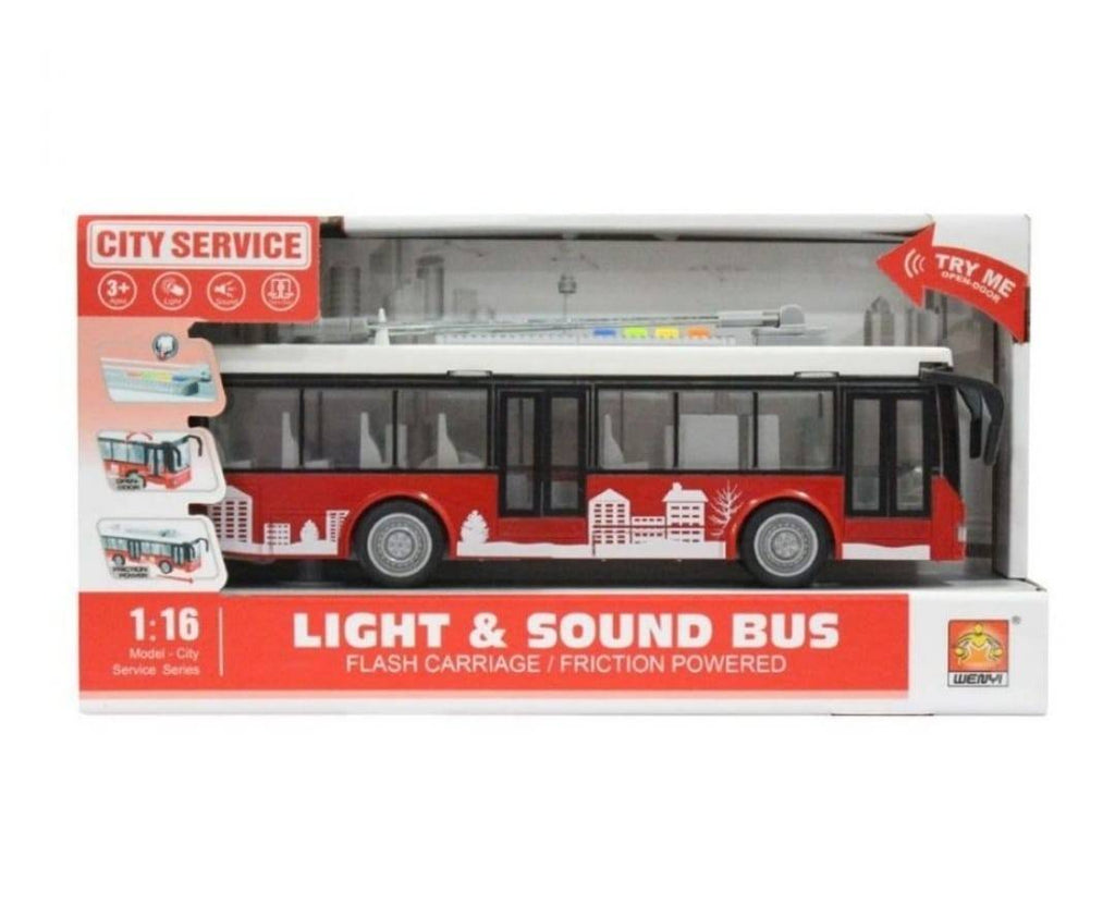 Troleibuz cu lumini si sunete, scara 1:16, rosu, 26 cm
