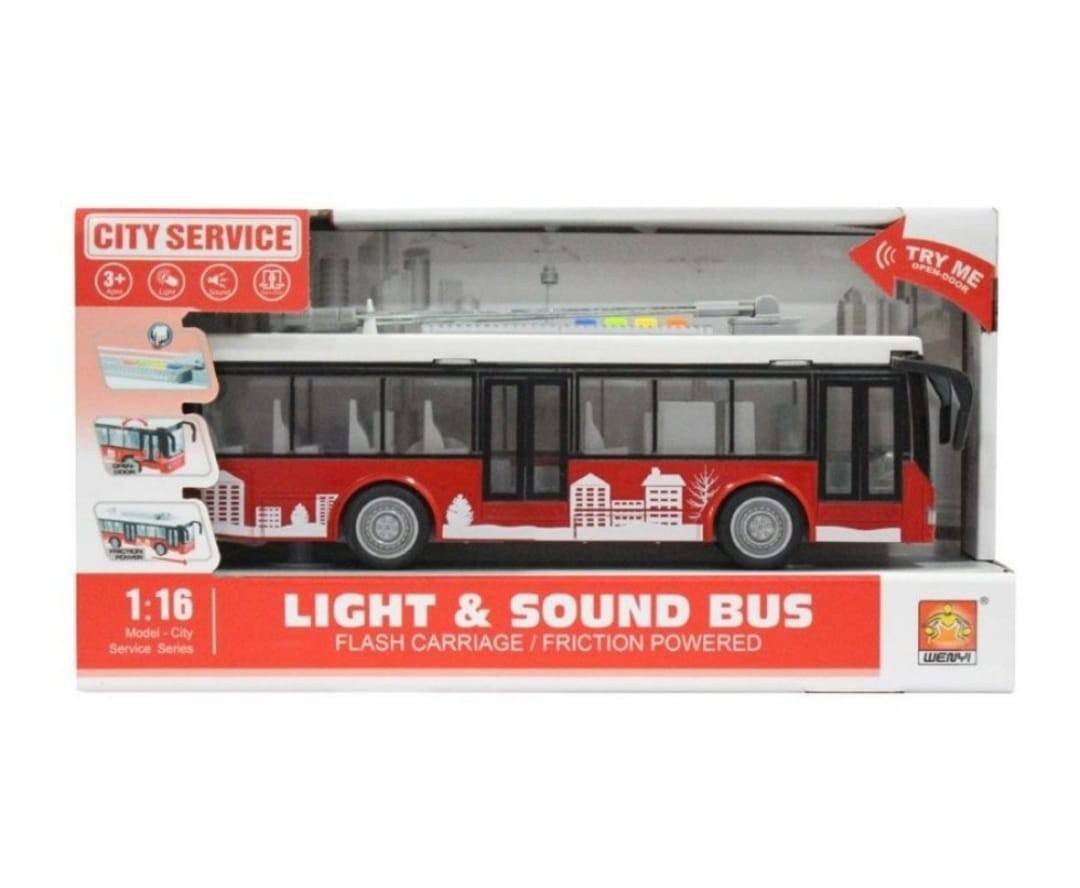 Troleibuz cu lumini si sunete, scara 1:16, rosu, 26 cm