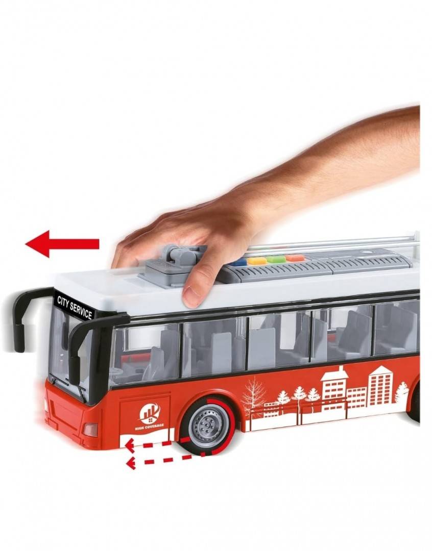 Troleibuz cu lumini si sunete, scara 1:16, rosu, 26 cm
