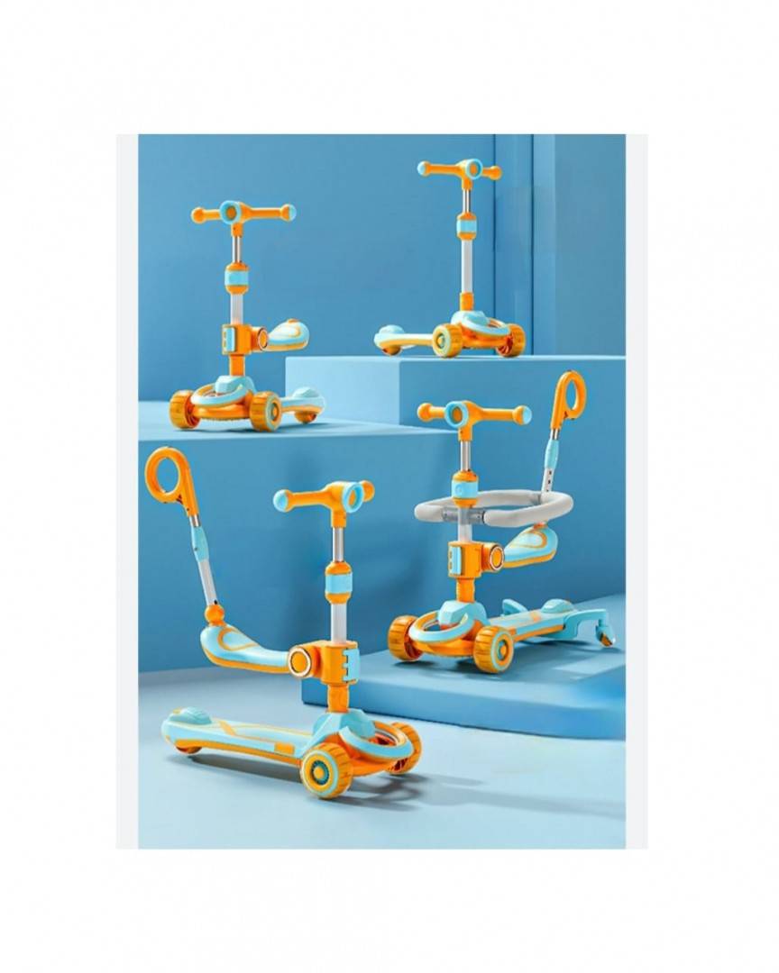 Trotineta pentru copii, 7 in 1 cu scaun, protectii laterale, maner de impins, limina frontala, roti luminoase si ghidon regla
