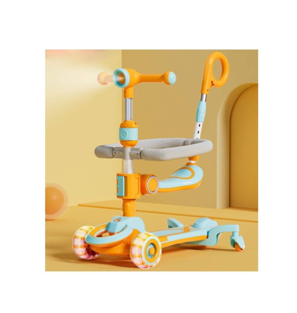 Trotineta pentru copii, 7 in 1 cu scaun, protectii laterale, maner de impins, limina frontala, roti luminoase si ghidon regla