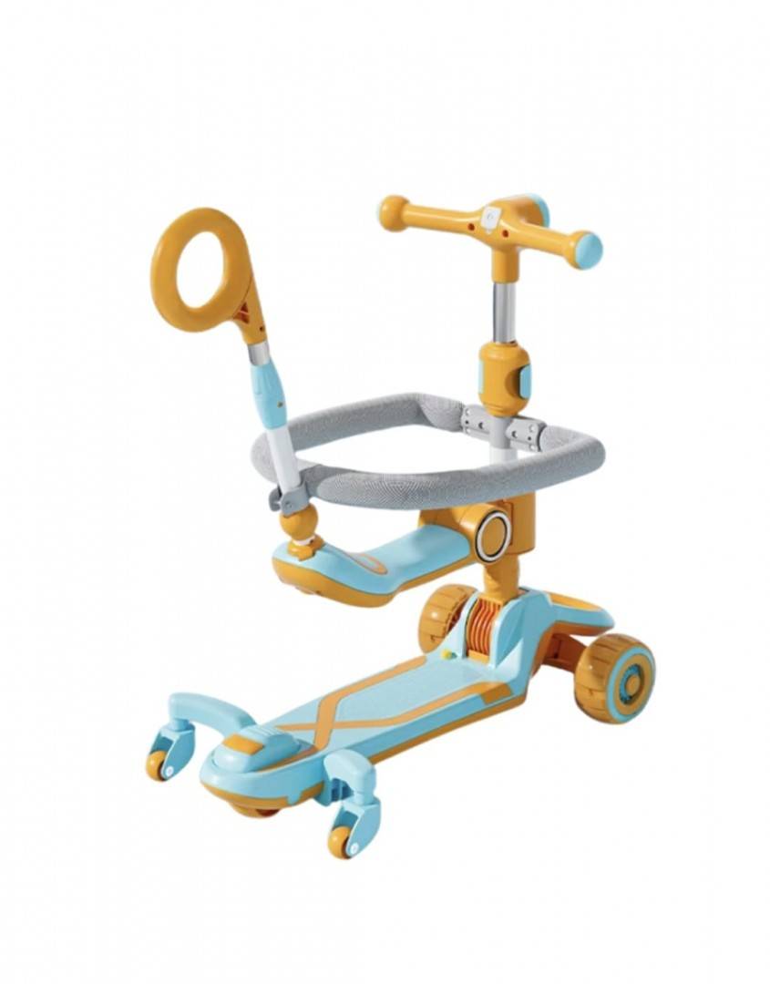 Trotineta pentru copii, 7 in 1 cu scaun, protectii laterale, maner de impins, limina frontala, roti luminoase si ghidon regla