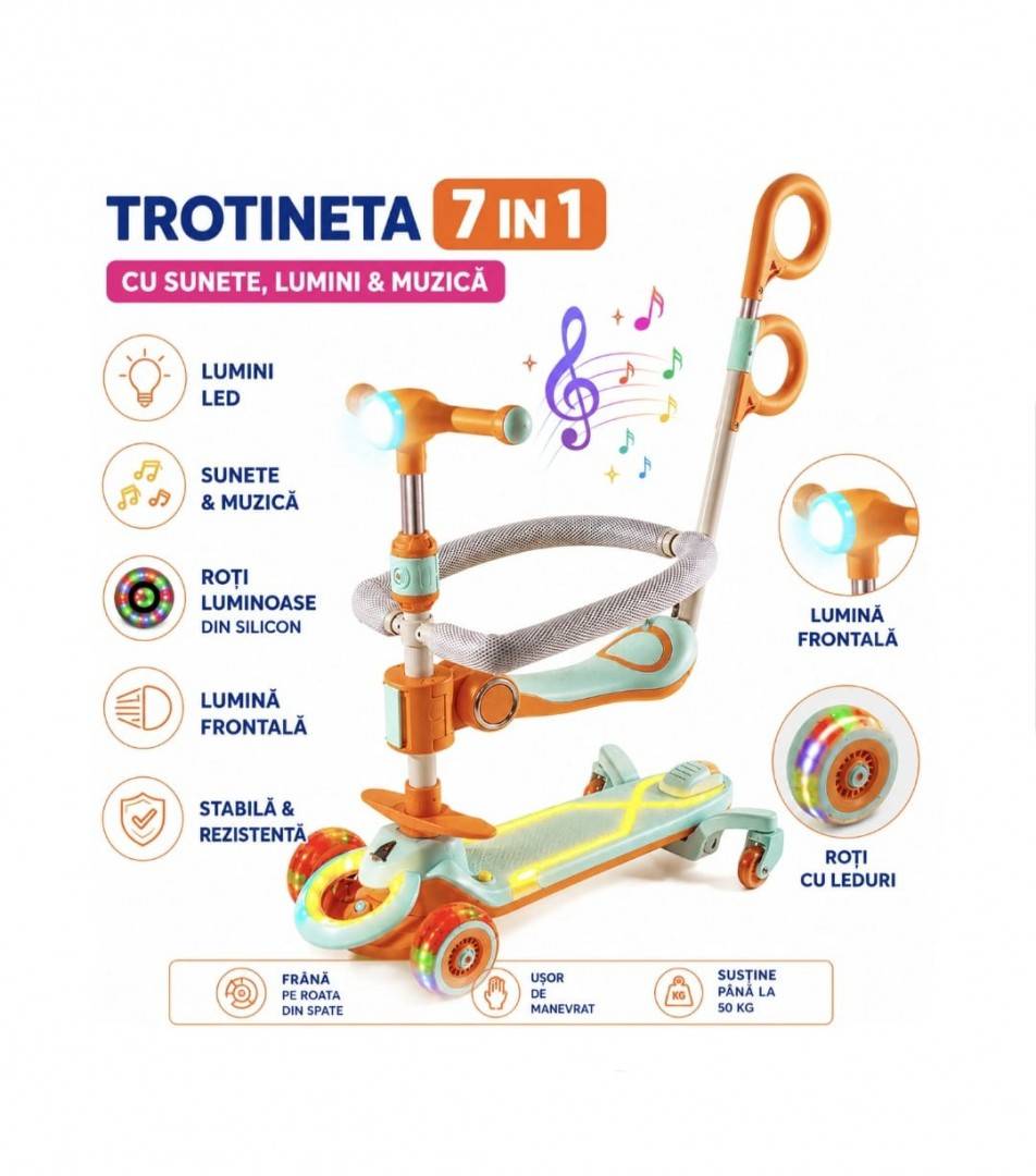 Trotineta pentru copii, 7 in 1 cu scaun, protectii laterale, maner de impins, limina frontala, roti luminoase si ghidon regla