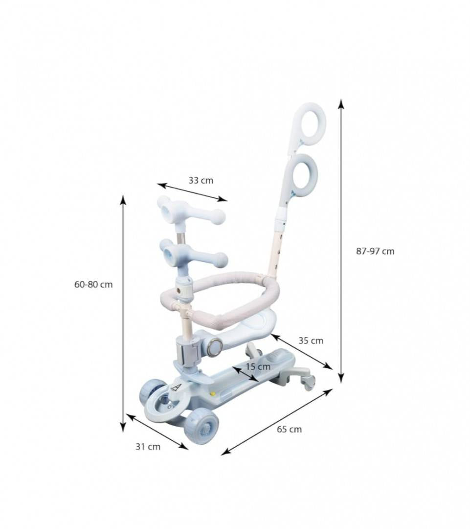 Trotineta pentru copii, 7 in 1 cu scaun, protectii laterale, maner de impins, limina frontala, roti luminoase si ghidon regla