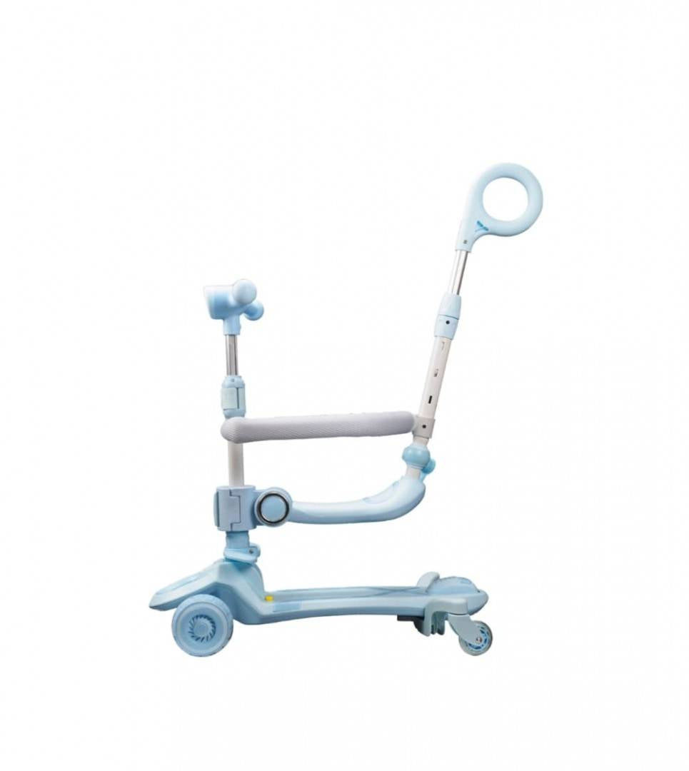 Trotineta pentru copii, 7 in 1 cu scaun, protectii laterale, maner de impins, limina frontala, roti luminoase si ghidon regla