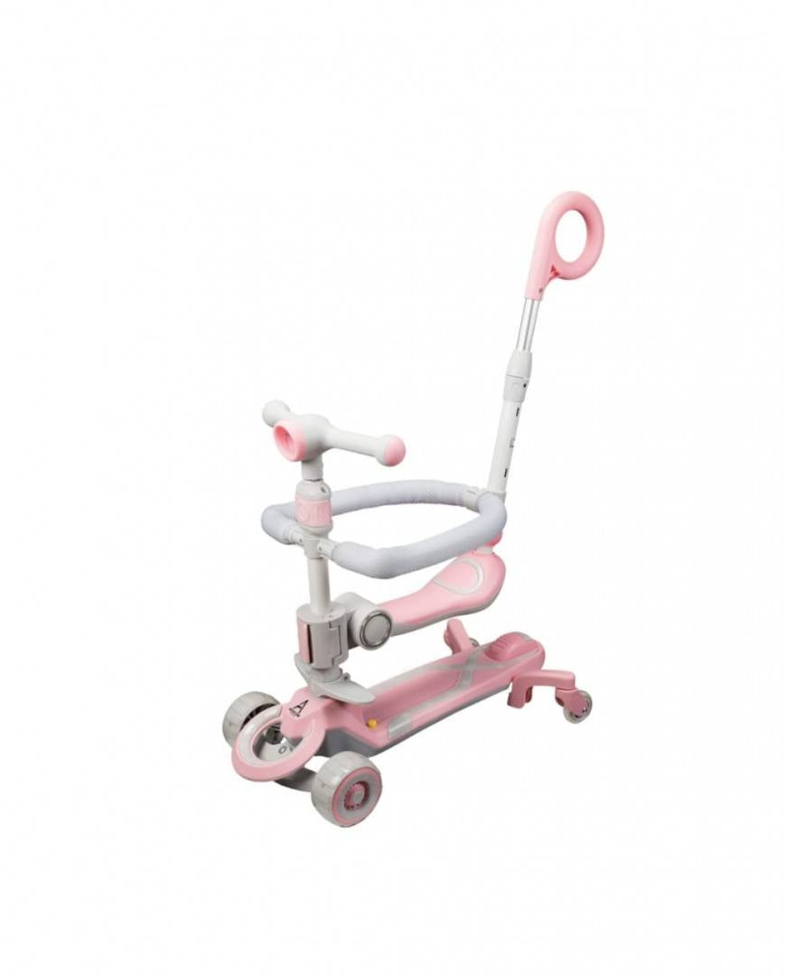 Trotineta pentru copii, 7 in 1 cu scaun, protectii laterale, maner de impins, limina frontala, roti luminoase si ghidon regla